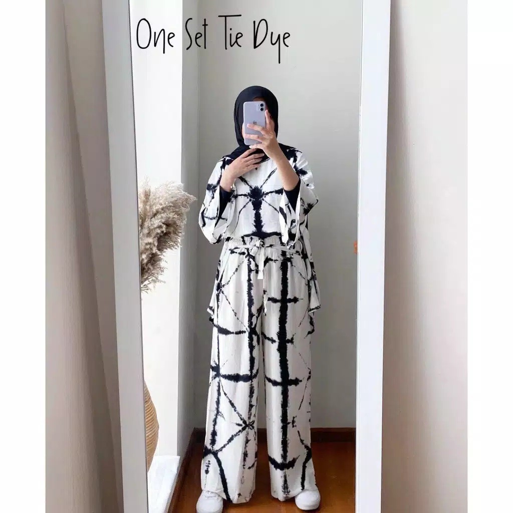 One Set Tie Dye Batik Kotak Hitam Setelan Shibori Daily Homewear Set Casual Kekinian Homeset Hits