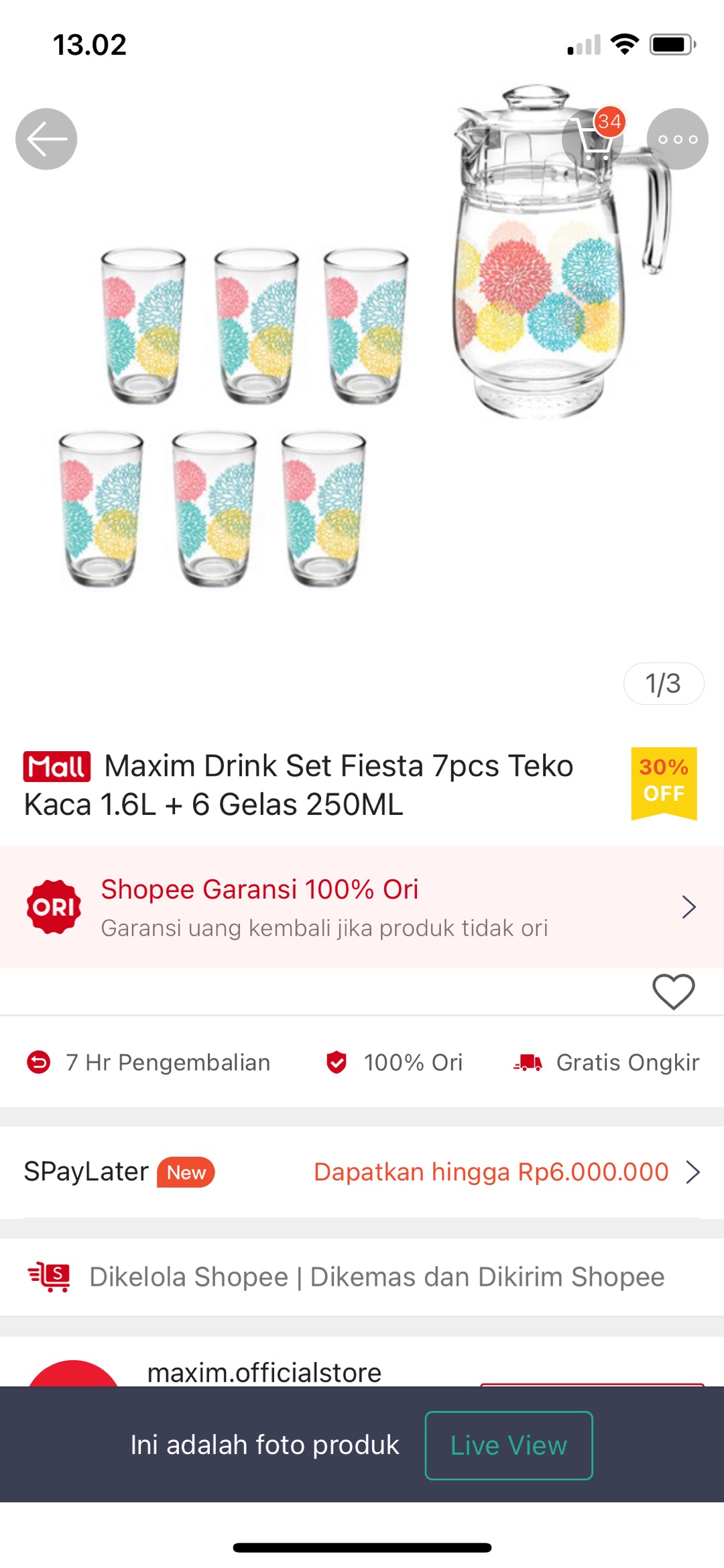 Maxim Drink Set Fiesta 7pcs Set Teko & Gelas Kaca (1pc Jug 1.6ml + 6pcs Tumbler 250ml)