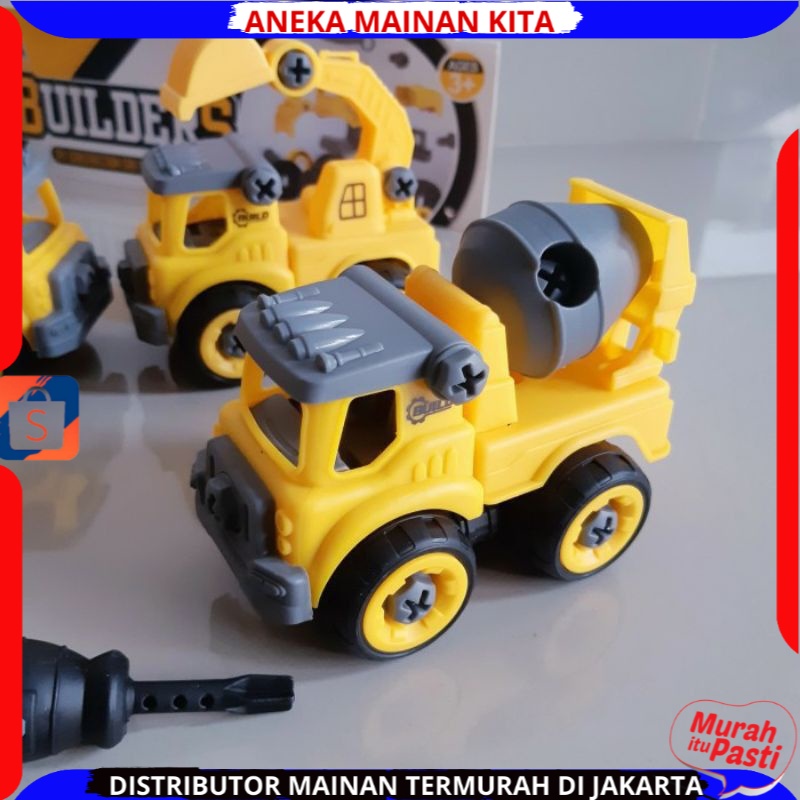 ( BISA COD ) PROMO Mainan Anak Mobil Truk Bongkar Pasang DIY Obeng Toy Car Mixer Truck 1 set Kemasan Kantong