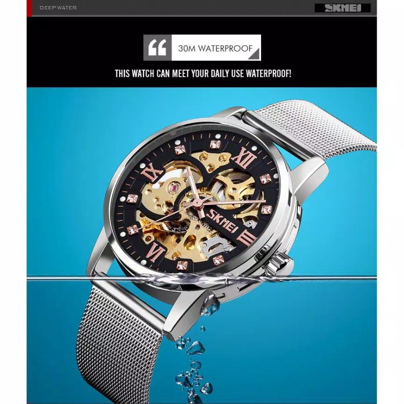 JAM TANGAN SKMEI 9199 OTOMATIS WARNA EMAS TERLIHAT MESIN UNTUK PRIA