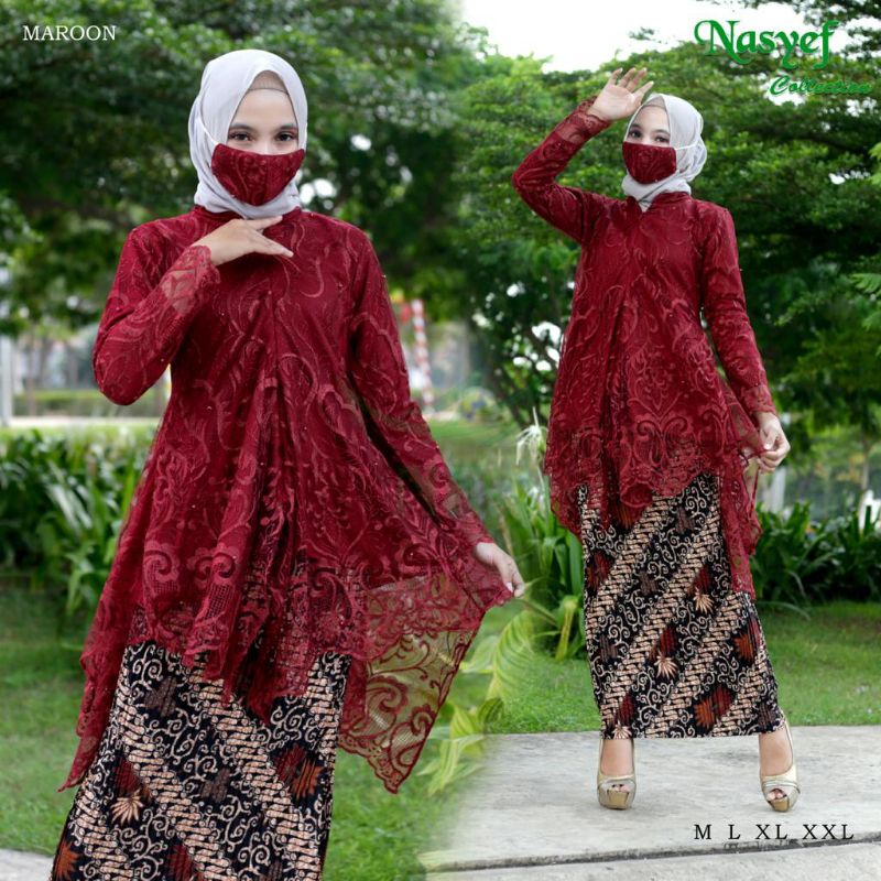 SETELAN KEBAYA MODERN - KEBAYA WISUDA - KEBAYA PESTA - KEBAYA BROKAT - KEBAYA MODERN - KEBAYA AKAD-1 SET MAROON
