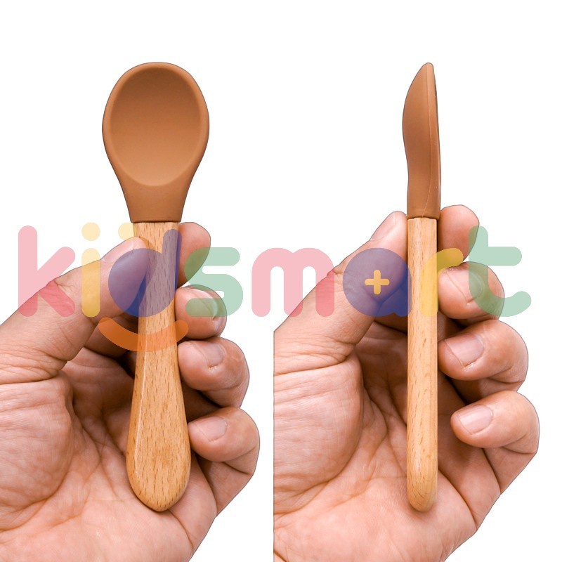 KIDSMART Wooden Spoon Silicon Baby / Sendok &amp; Garpu Kayu Silikon Untuk Makan Bayi