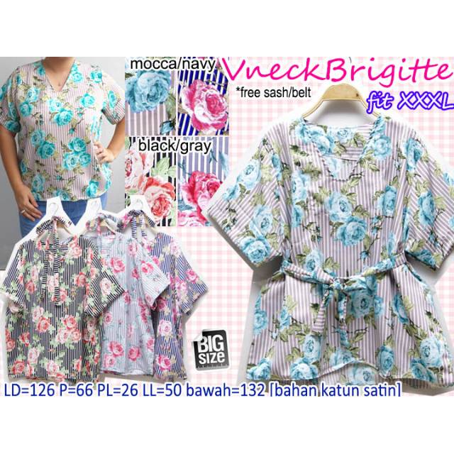 TERMURAH BLUS JUMBO WANITA FIT XXXL BAHAN SATIN HALUS NYAMAN DIPAKAI MOTIF BUNGA (V NECK BRIGITTE)
