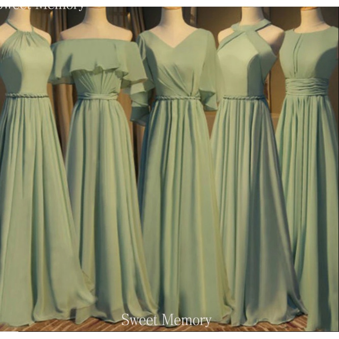 ‎ Gaun Panjang Chiffon Halter Gaun Pengiring Pengantin Hijau untuk Pesta Pernikahan ‎