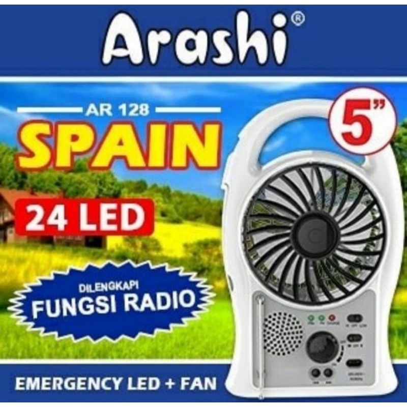 ARASHI Kipas Angin Emergency 5&quot; SPAIN + RADIO FM + Lampu LED 24 SMD