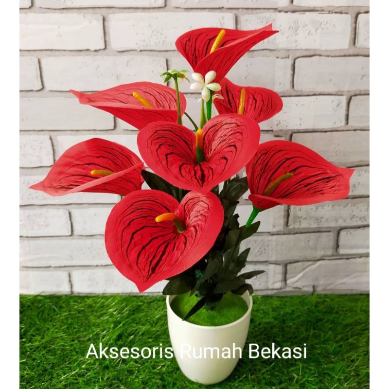 Set bunga plastik anthurium/bunga lilly/bunga Aron panda dengan pot lumut melamin bulat-1