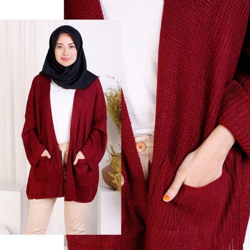 Termurah Diskon Promo Loocy Pocket Jaket Rajut Saku Lavella | Cardygan Oversize Premium Tebal 7 Get-Maroon