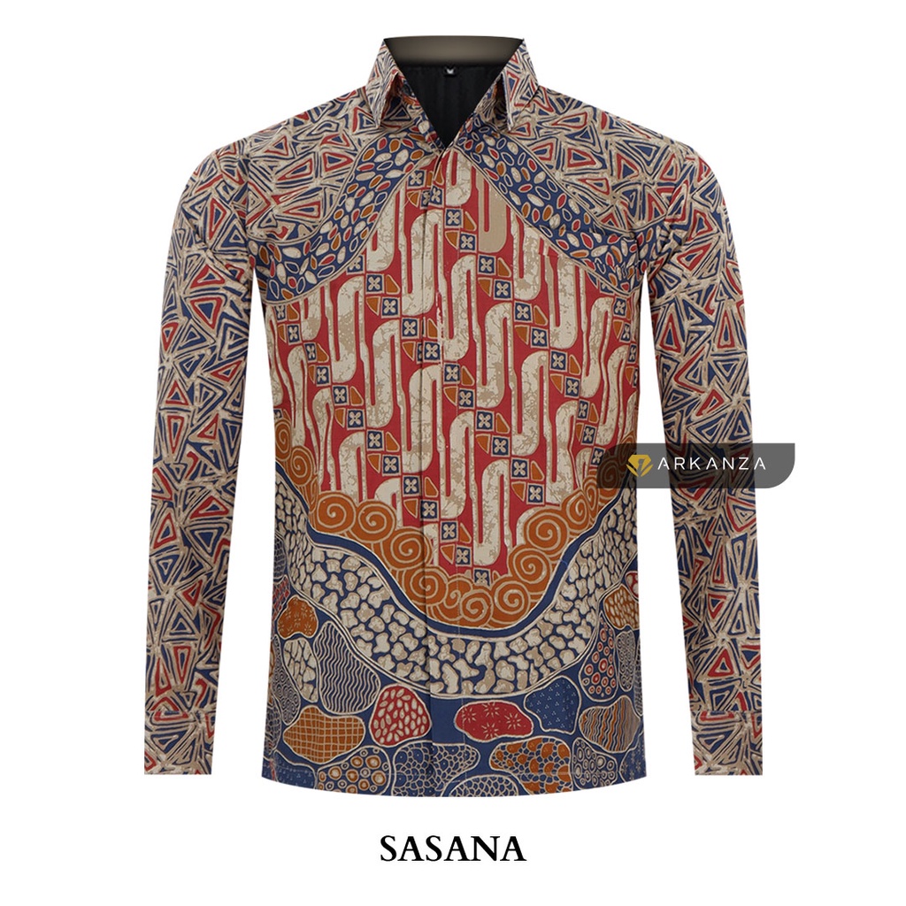 BATIK ARKANZA Motif SASANA Hem Atasan Kemeja Baju Batik Pria Cowok Laki Laki Slimfit Full Lapis Furing Lengan Panjang