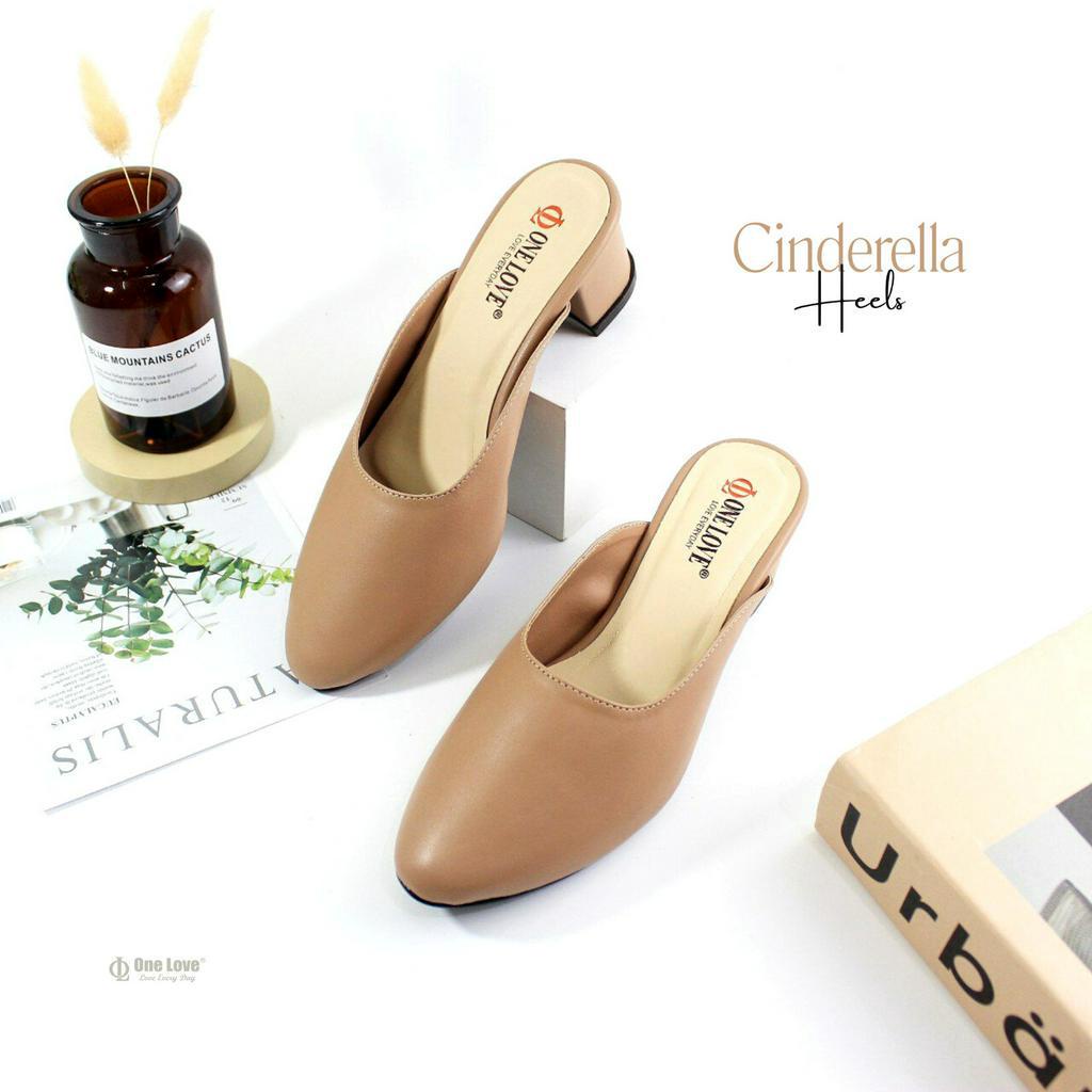 ONE LOVE Cinderella Sepatu Heels Wanita Hak 3-5 Cm Ukuran 36-41 Jumbo Warna Putih Mocca Tan