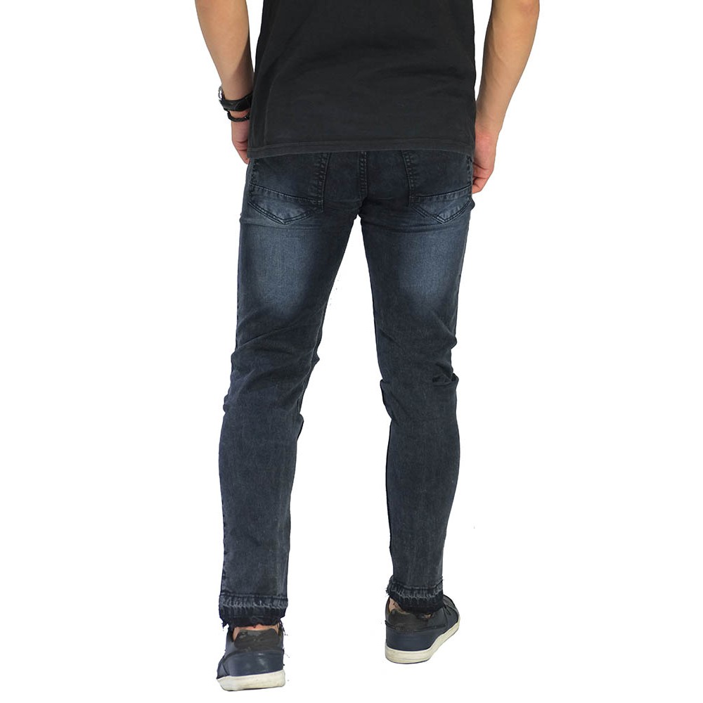 CELANA JEANS PANJANG PRIA COWO LAKI KNEE RIPPED RAW FRAYED HEM BLACK FADED