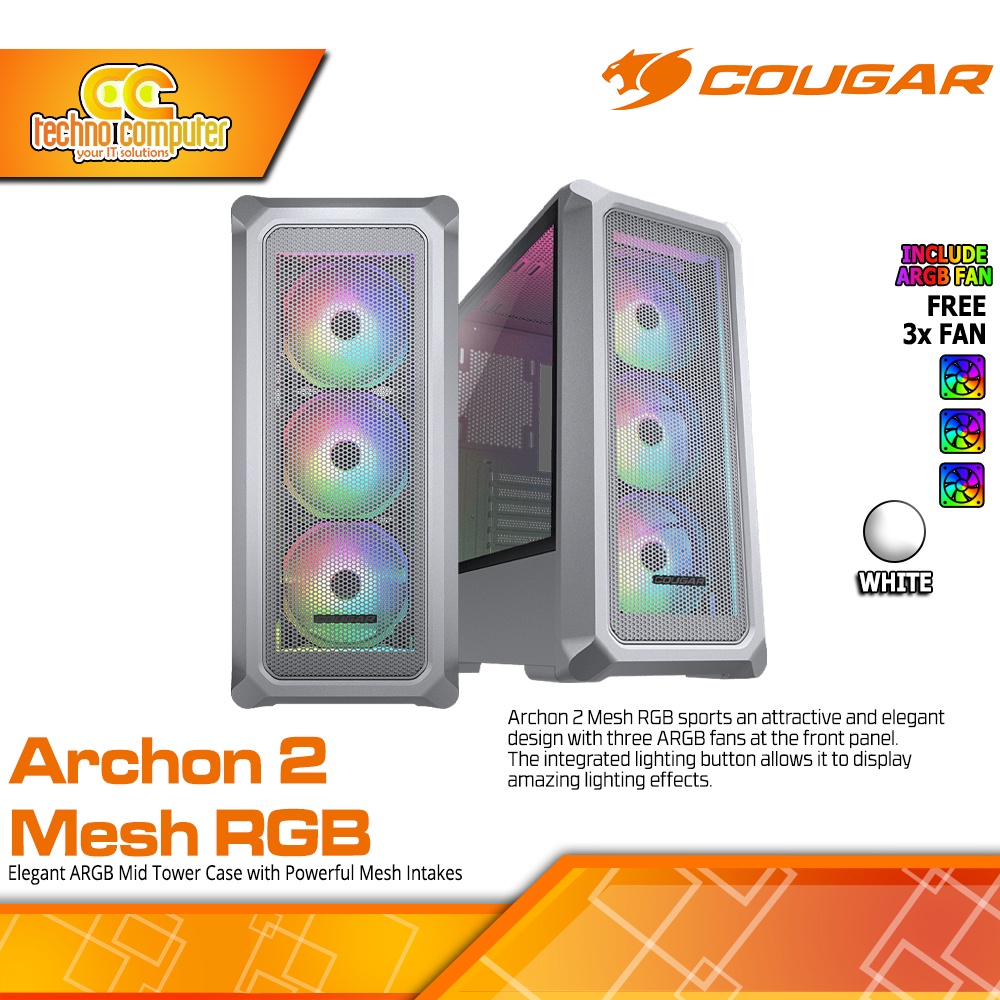CASING COUGAR ARCHON 2 MESH RGB White - ATX Case With Tempered Glass (Free 3x ARGB Fan)