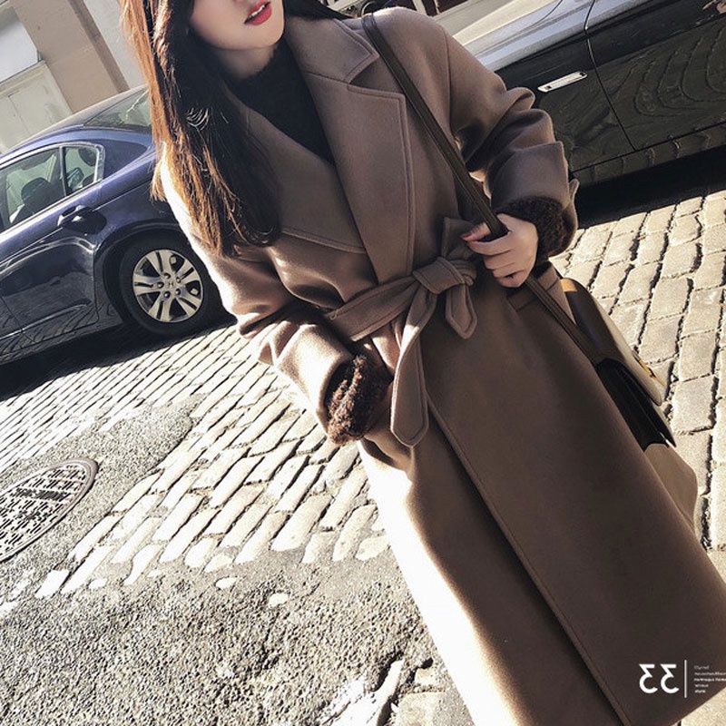 Mantel Wol Wanita Korea Import autumn winter OL Women Belt Coat Turn-down Collar female  Wool Coat l