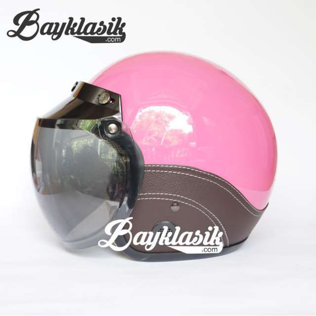 Helm Bogo Retro Pink Susu SK Coklat Kaca Cembung Bahan ABS Kuat Kulit Sinthetyc Tahan Panas