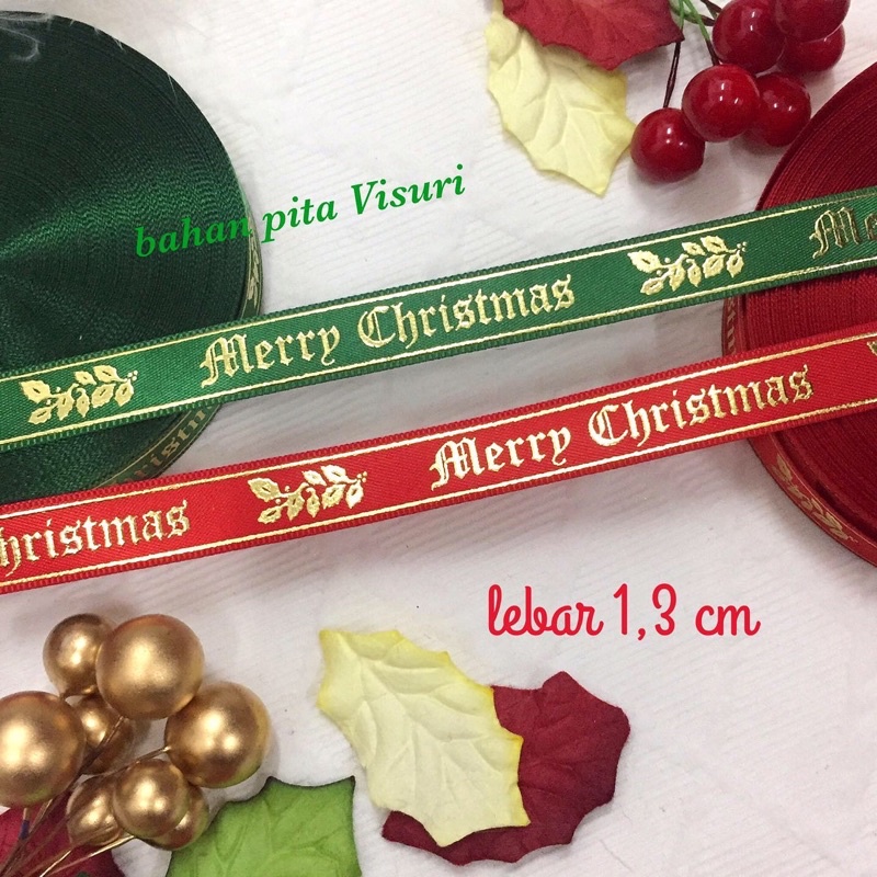 Pita Natal Merry Christmas Sablon Gold Satin 1,3 cm per 5yard(4,5 meter)