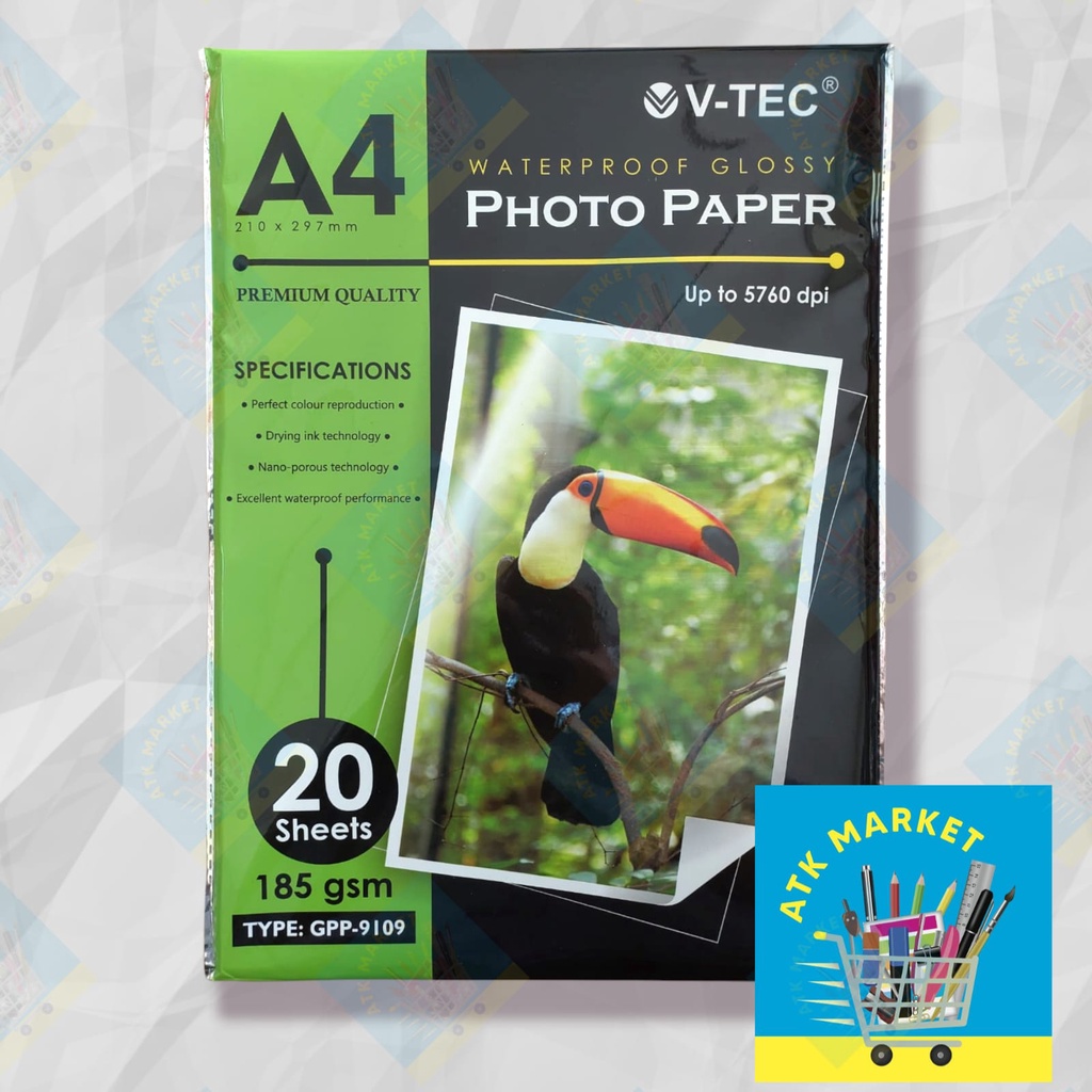 

(1pack = 20 LMBR) Glossy Photo Paper / Kertas Foto A4 185 gr VTEC