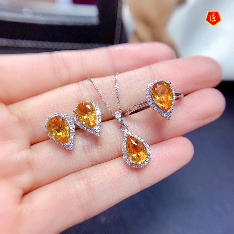 [Ready Stock]Natural Blue Topaz Necklace Set Rings Ear Studies