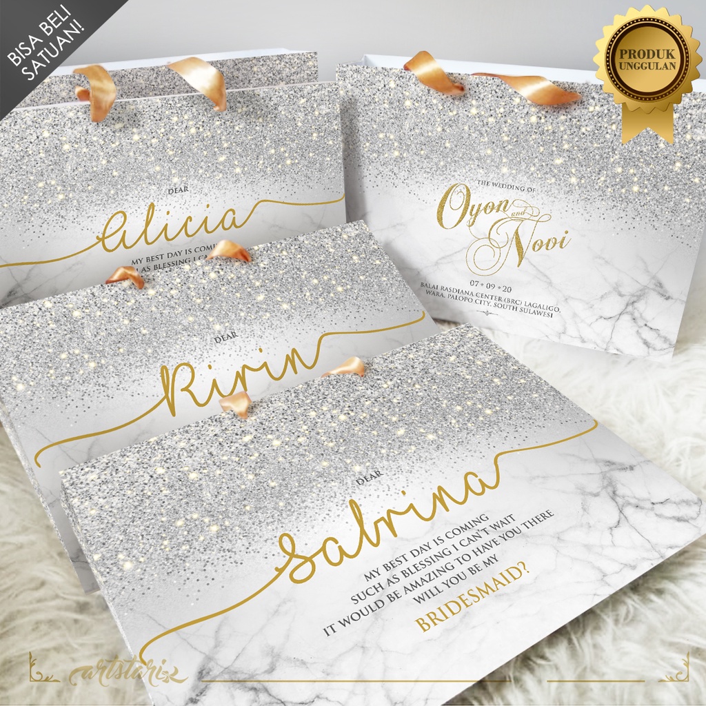 

Paperbag Bridesmaid GLITTER SILVER GOLD MARBLE ELEGANT SIMPLE / ABU-ABU EMAS CUSTOM NAMA TEMAN