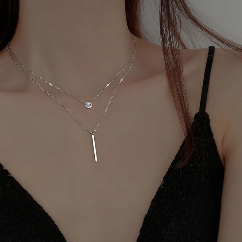 Kalung Rantai Choker Double layer Liontin Tongkat Panjang Bahan Zirkon Gaya Korea Untuk Wanita