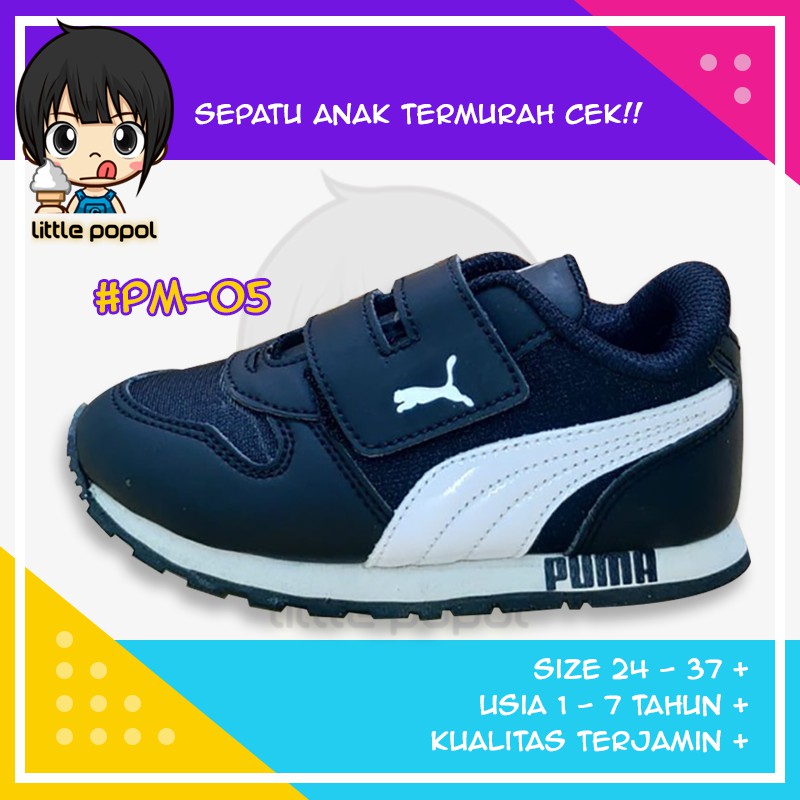 Sepatu Sneakers Sekolah Fashion Olahraga Puma Anak Kids Laki Laki Branded Murah Hitam Putih PM-05
