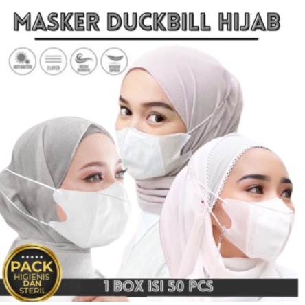 masker disposable facemask duckbill headloop hijab 3 ply isi 50 pcs