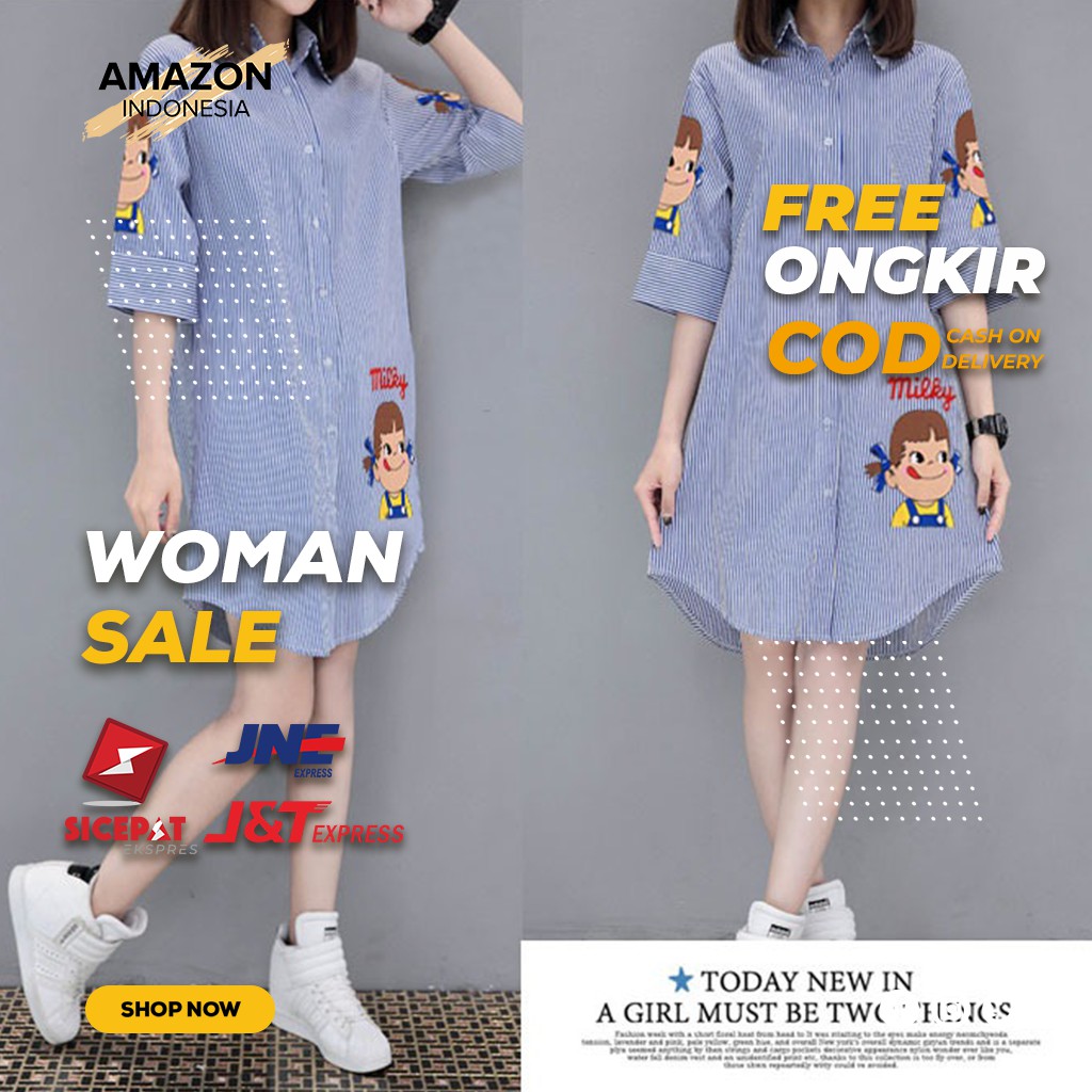 KEMEJA WANITA MODEL PANJANG STYLE CASUAL WARNA BLUE BIRU BAHAN KATUN MOTIF ASLI SALUR ORI IMPORT