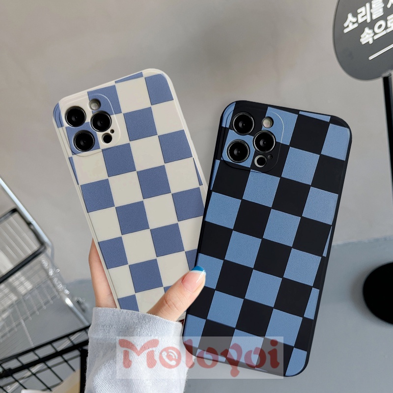 Soft Case Silikon Tpu Motif Kotak-Kotak Biru Untuk IPhone 7 8 Plus 13 12 11 Pro Max 6 6s Plus X XS Max XR SE 2020