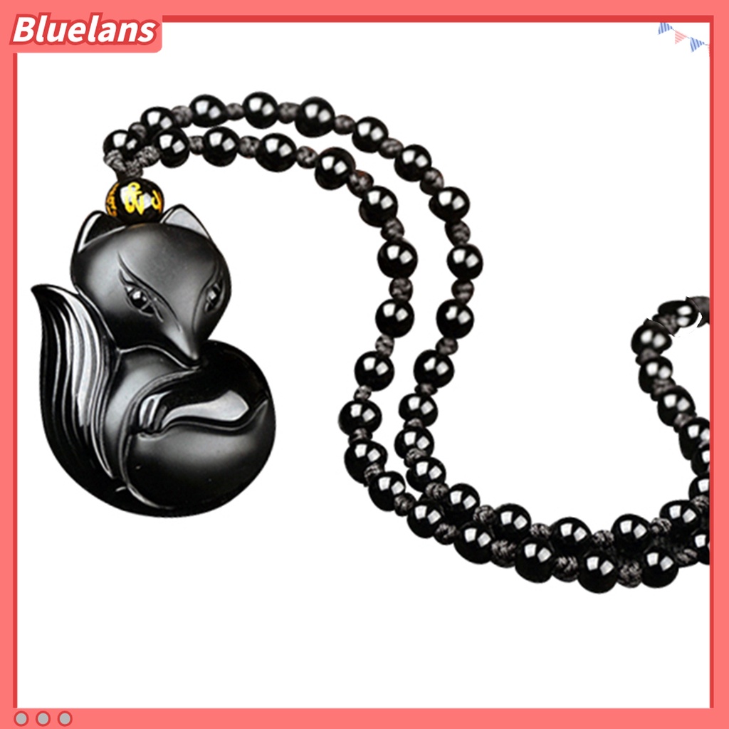 Kalung Rantai Liontin Manik-Manik Ukiran Rubah Obsidian Untuk Unisex