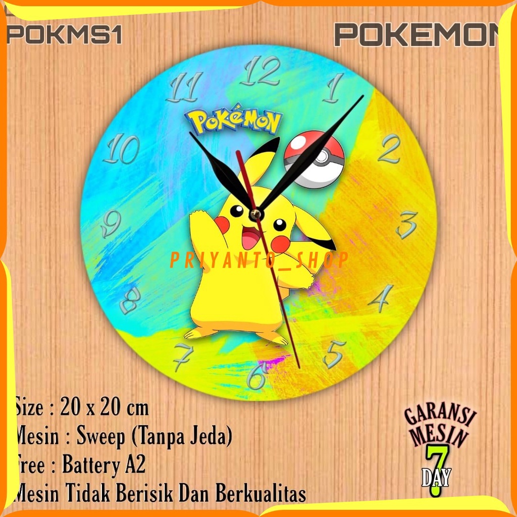 Jam Dinding Karakter Kartun Pokemon Mesin Halus Tidak Berisik bonus Baterai