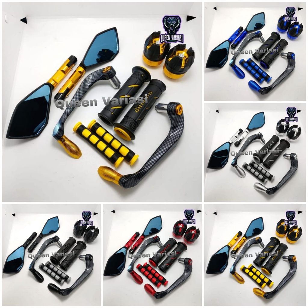 Paket Variasi Motor 5 Item Proguard Karbon Sabit Spion V2/V5 Tomok Handgrip Domino Karet Handle Rem Jalu As Roda Depan Untuk Semua Motor