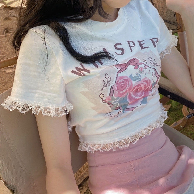 Suhao Vintage Rose Rabbit Desain Sensorik Lace Patch Lengan Pendek T-Shirt Perempuan Siswa Pendek Strap Spice Girl