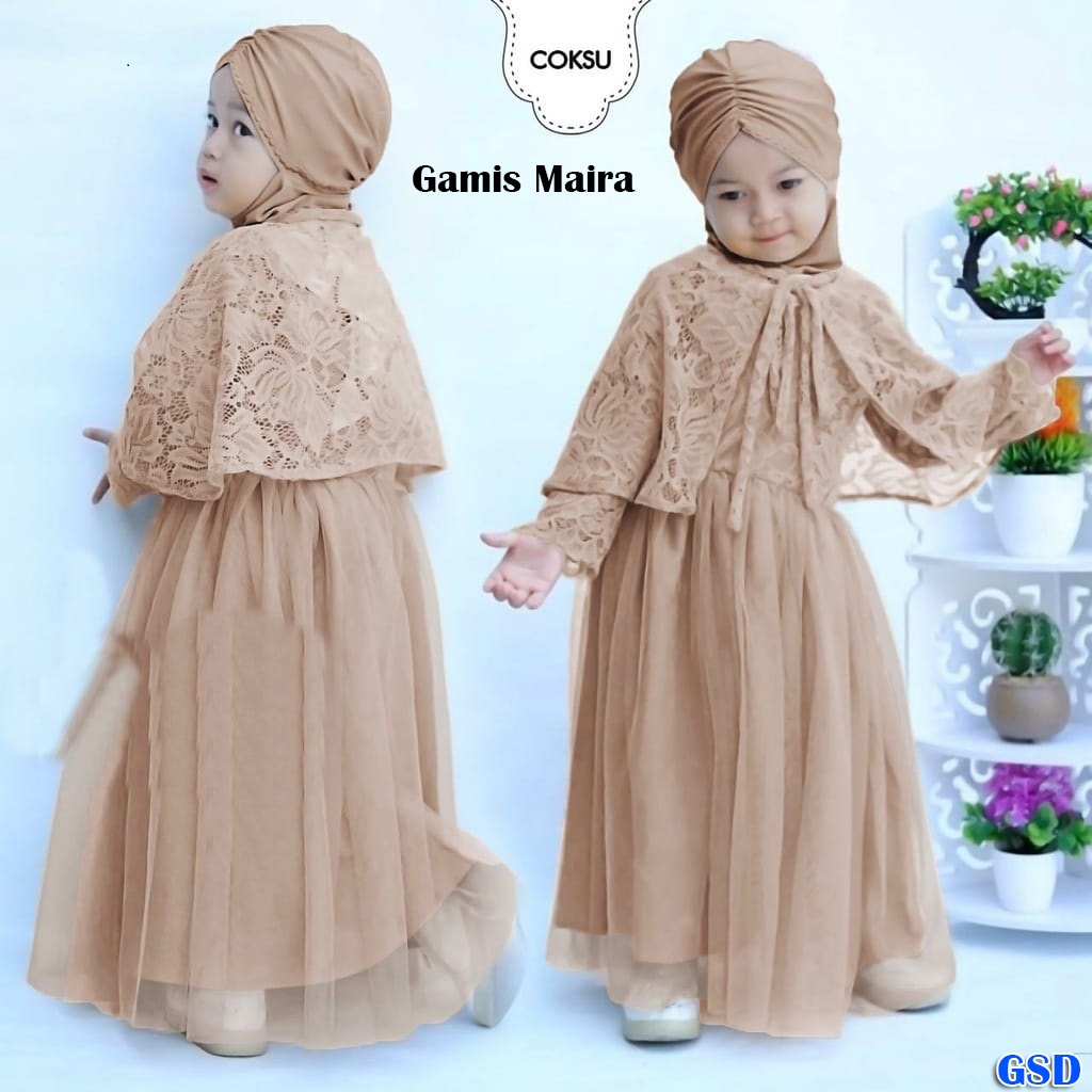 Gamis Maira Kids/ Baju Gamis Syari Anak + Cardi Brukat Tali ikat Usia 3-5 Tahun/Pakaian Kondangan Anak/Baju Lebaran Mewah Elegant Murah