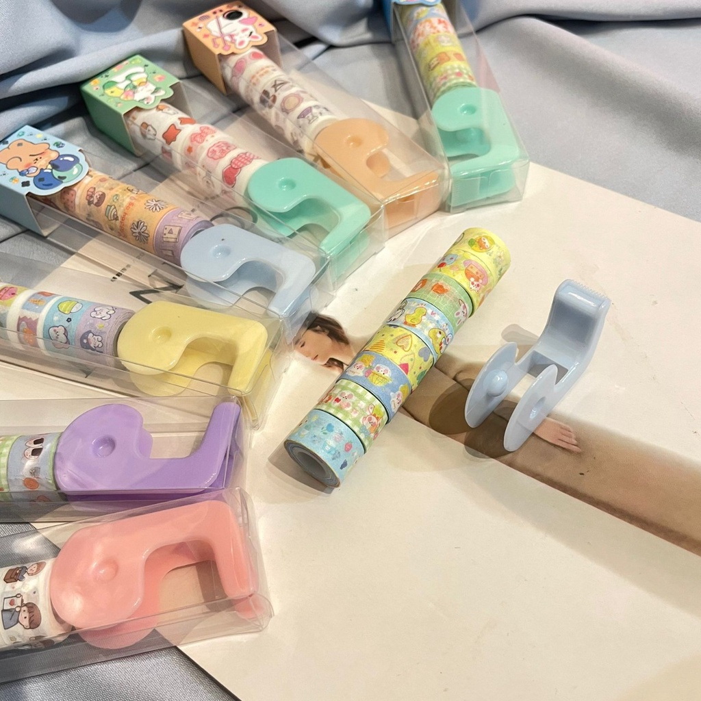 PAKET SELOTIP 1 SET ISI 8 + FREE DISPENSER TAPE MODEL IMUT FANCY MURAH GAMBAR MOTIF LUCU WARNA WARNI UKURAN KECIL STATIONARY UNIK BEST QUALITY READY COD DAN GROSIR