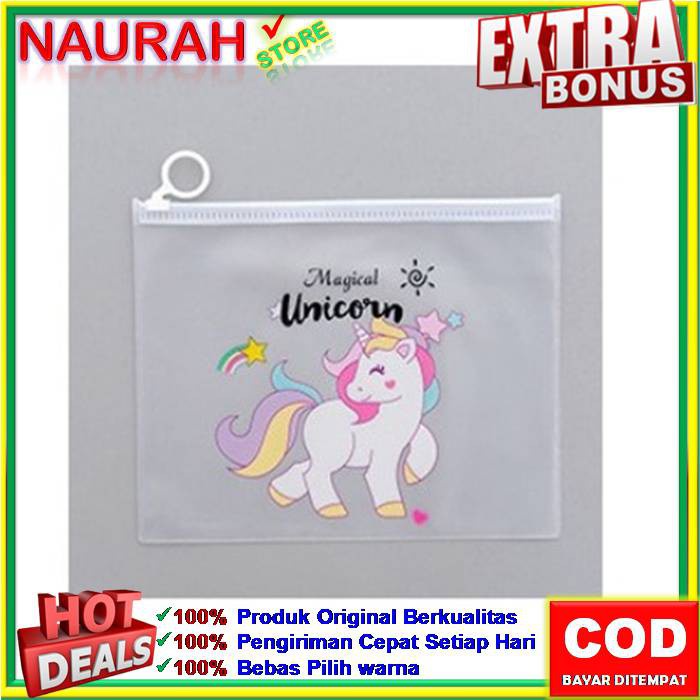 Tas Pouch Resleting Transparan Kosmetik / Pensil / ATK Motif Karakter Unicorn ZipLock Plastik PVC