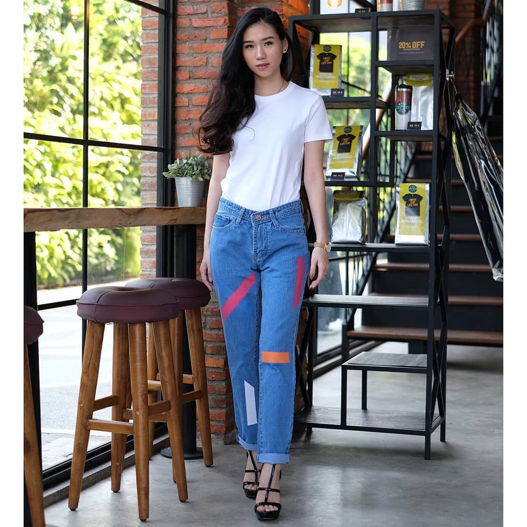 MAGCUN STORE - Celana Wanita Plain Boyfriend Jeans BF Jeans Sablon Silang