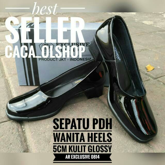 Exclusive Sepatu PDH Pantofel Dinas Wanita Kulit Hitam Glossy Heels 5cm Merk AR 0814