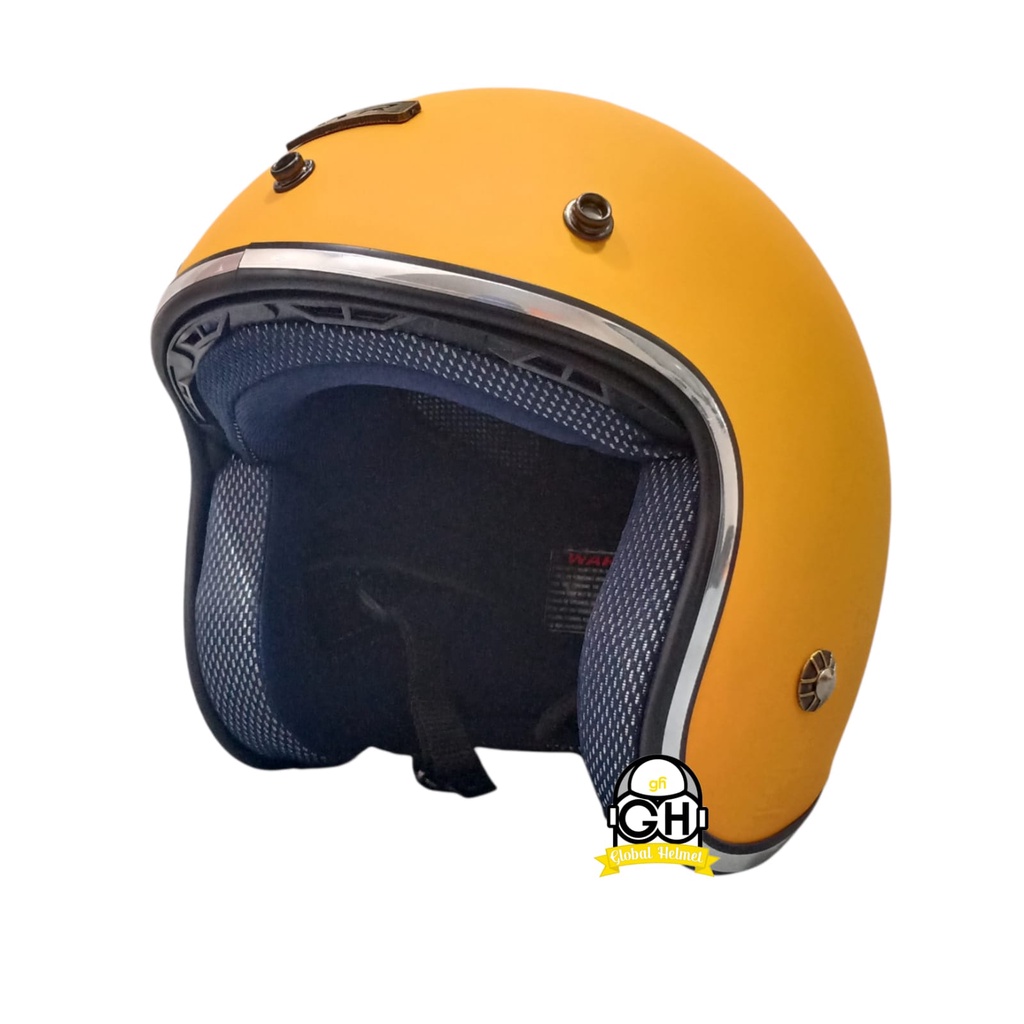 Helm Retro List Chrome Klasik NVR Exotic Yellow Doff Helm Bogo Half Face SNI Free Kaca Flat