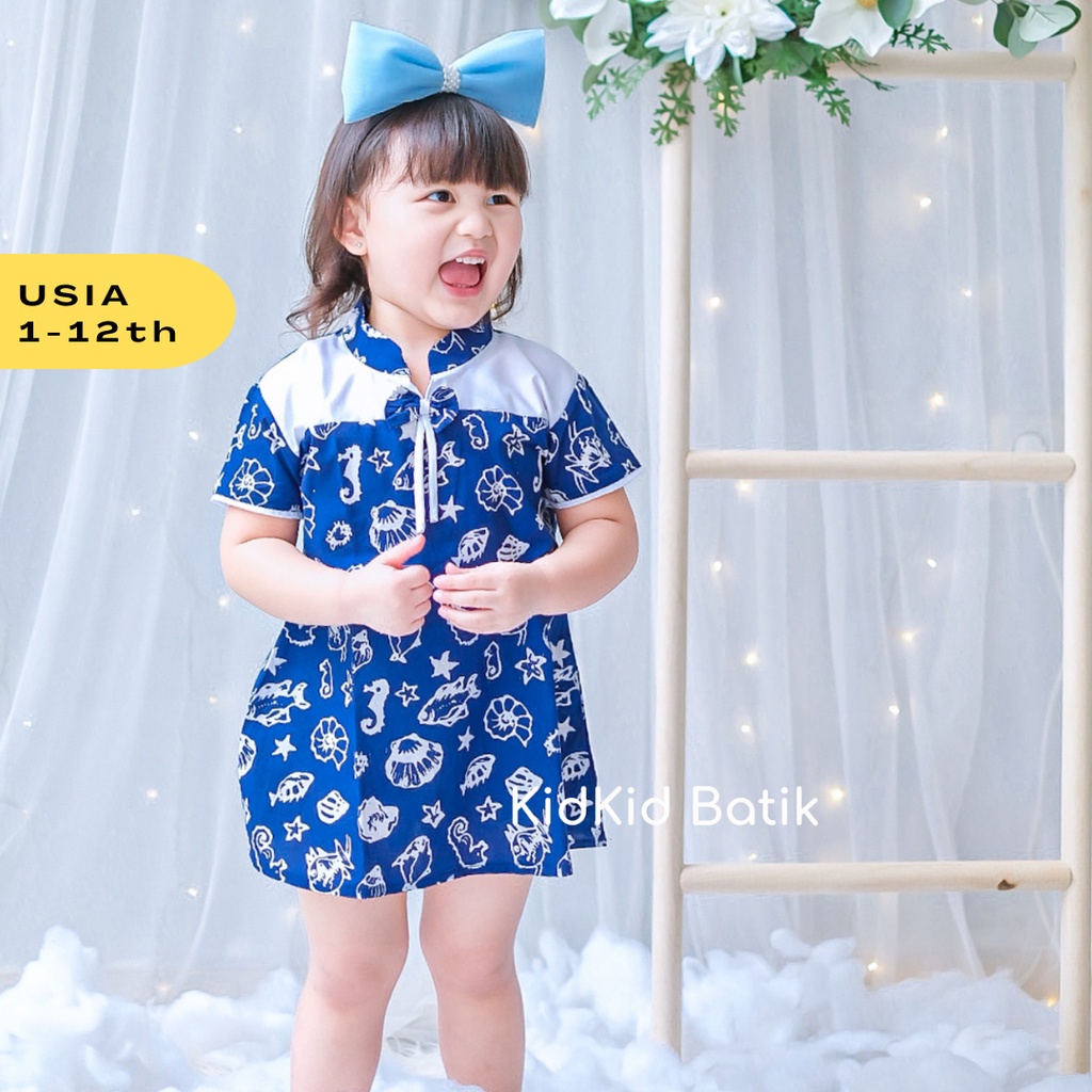 Dress Batik Anak Perempuan Tunik Anak Cewek Baju Dress Anak Pesta Kekinian Navy 1-13 tahun