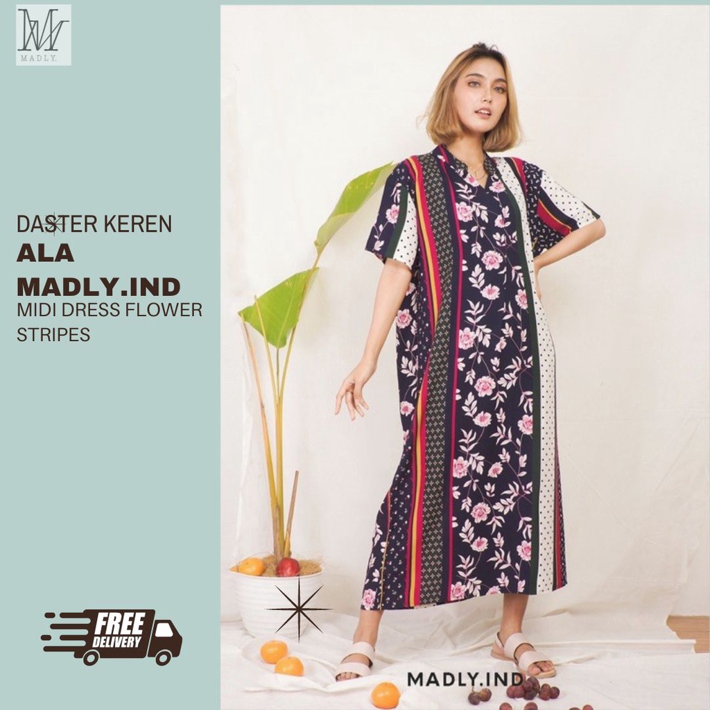 Daster Midi Katun Rayon Premium Tanpa Tali Warna Hitam Kombinasi Merah- Green Line Dress By MadlyInd
