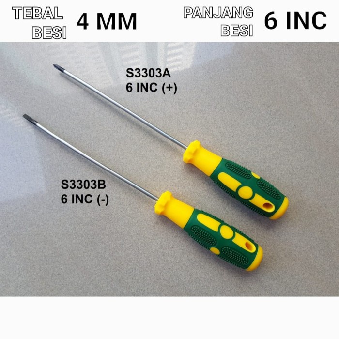 Obeng Panjang Kurus 4 MM 6 INCH Gagang Karet Hijau Kuning - MINUS (-)