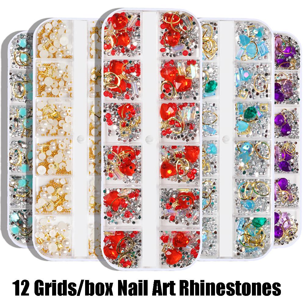 Mxbeauty Paku Rhinestones 12kisi/kotak Shiny Heart Metal AB Permata Desain Campur Perhiasan Kuku