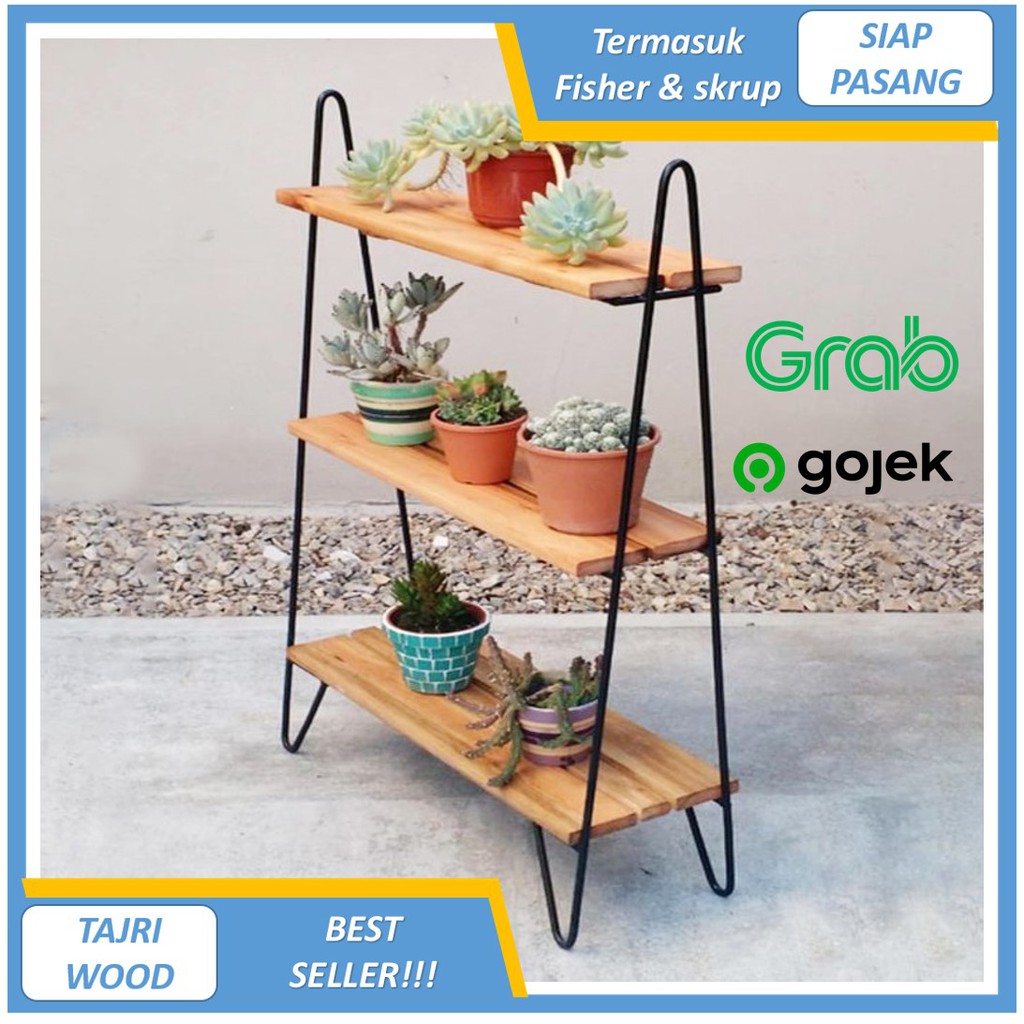 Rak Bunga Besi Kayu 3 Susun Minimalis Tempat Dekorasi Tanaman Rumah