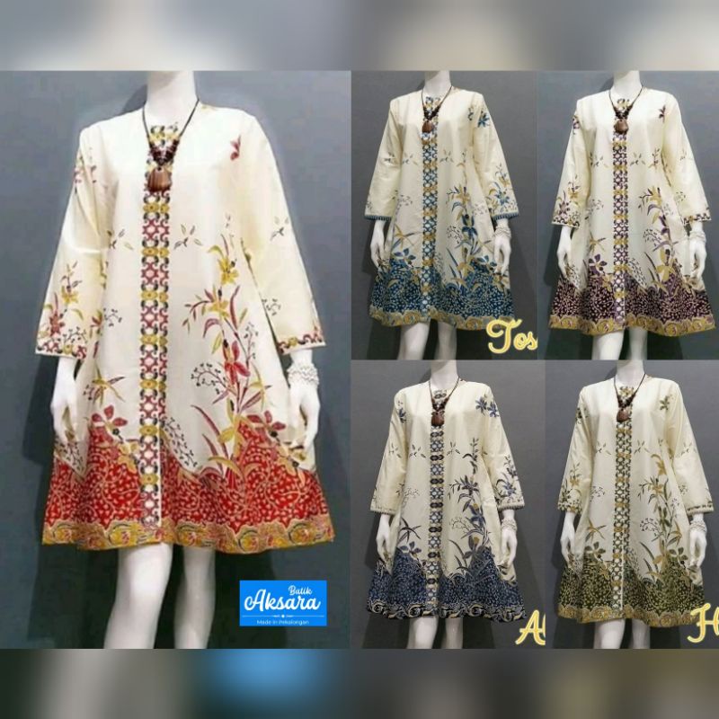 Ori Aksara Batik - Tunik Batik Wanita Modern Warna Putih Kombinasi Bunga Bunga Cantik Elegant Reslet