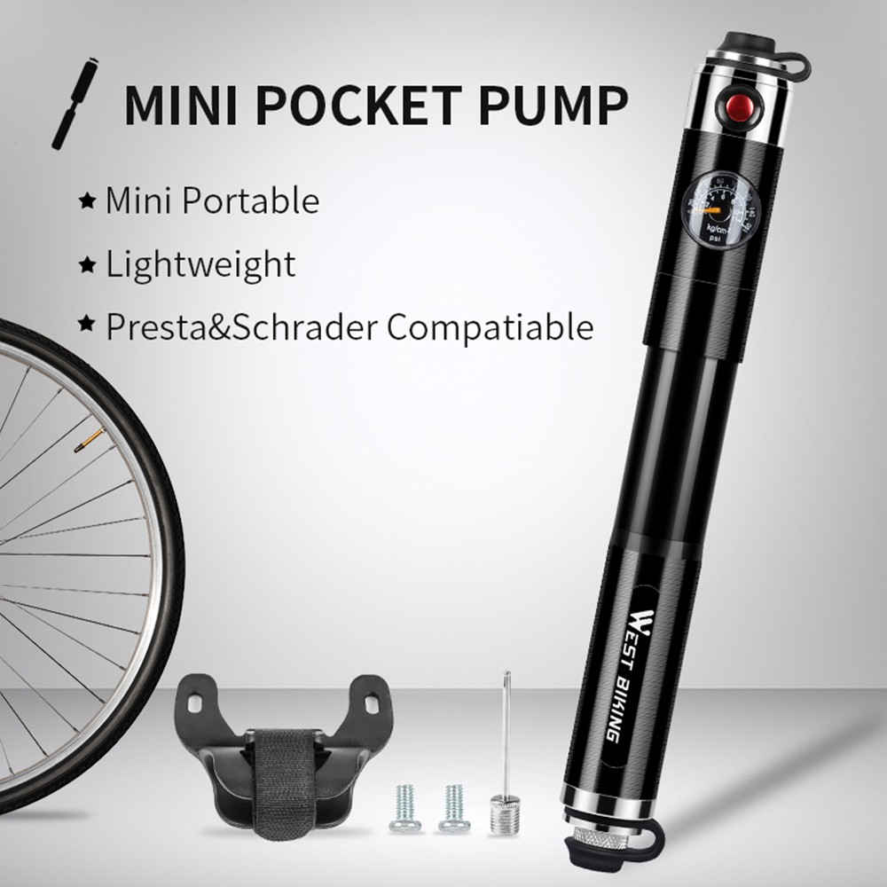 PROMO West Biking Pompa Angin Ban Sepeda Mini Portable 160PSI with Pressure Gauge Barometer - Silver