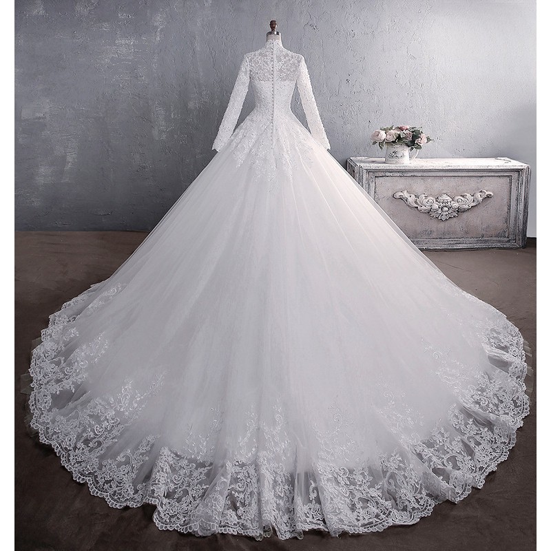 White Muslim Women High Collar Long Sleeve Lace Beaded Long Tail Wedding Gown Dress gaun pengantin putih lengan panjang wanita muslim