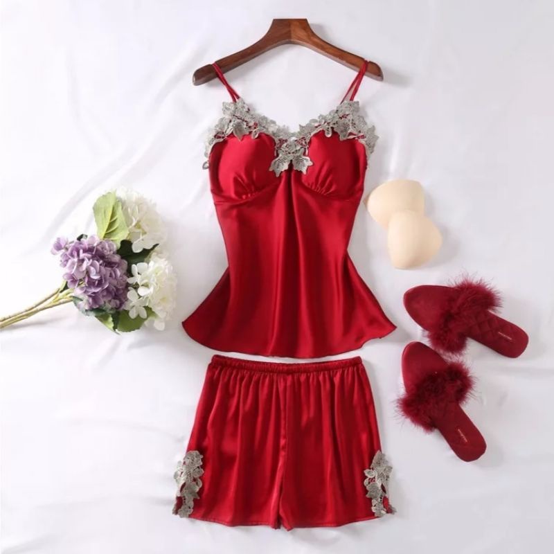 Setelan Wanita 2in1 Piyama Set Pendek Wanita - Baju Tidur Satin Silk Tank Top & Celana Pendek - Paja