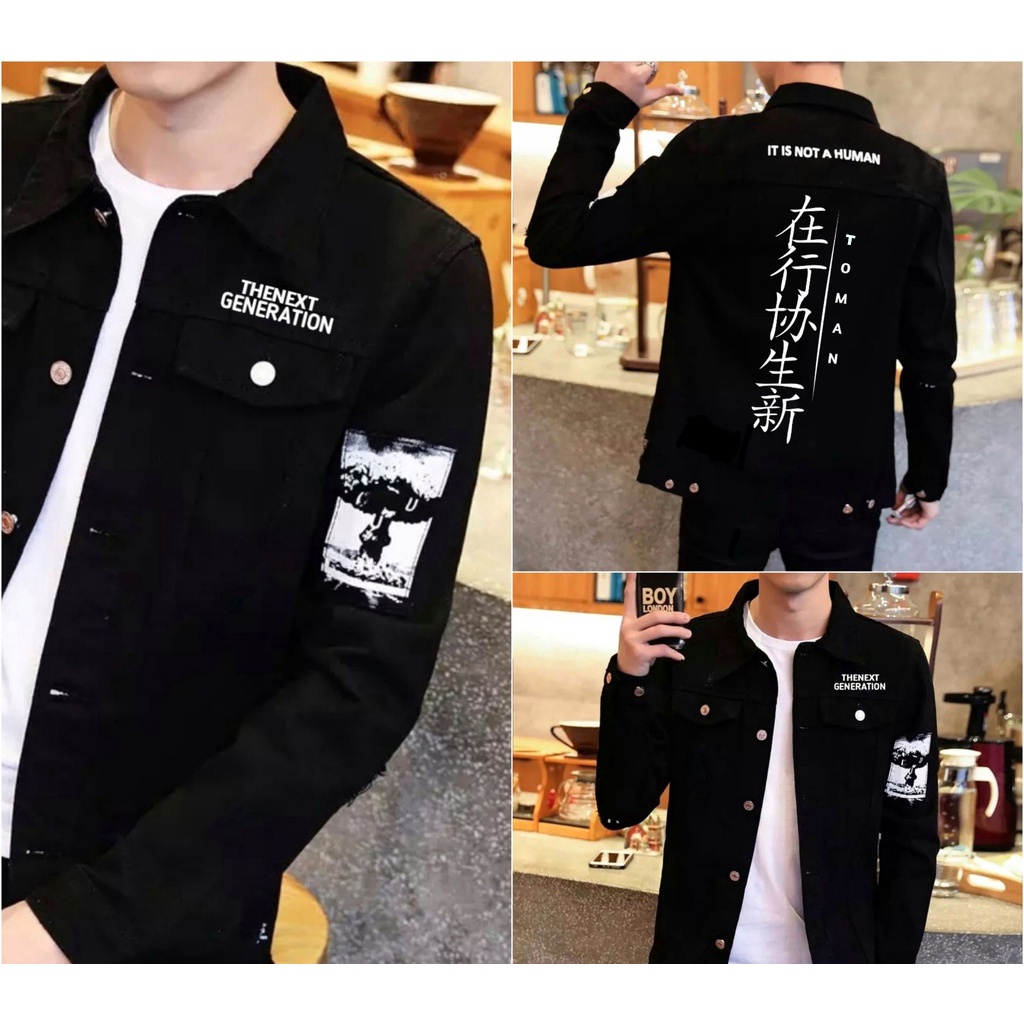Jaket Jeans Denim Hitam Sablon Toman EKS
