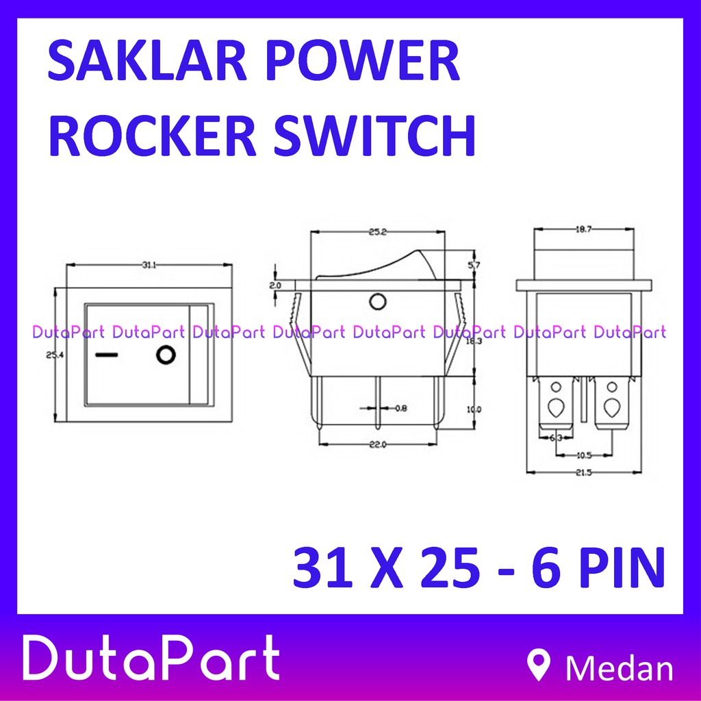 Saklar Power Rocker Switch ON OFF 35mm x 21mm 6 PIN Kaki 16A 250VAC