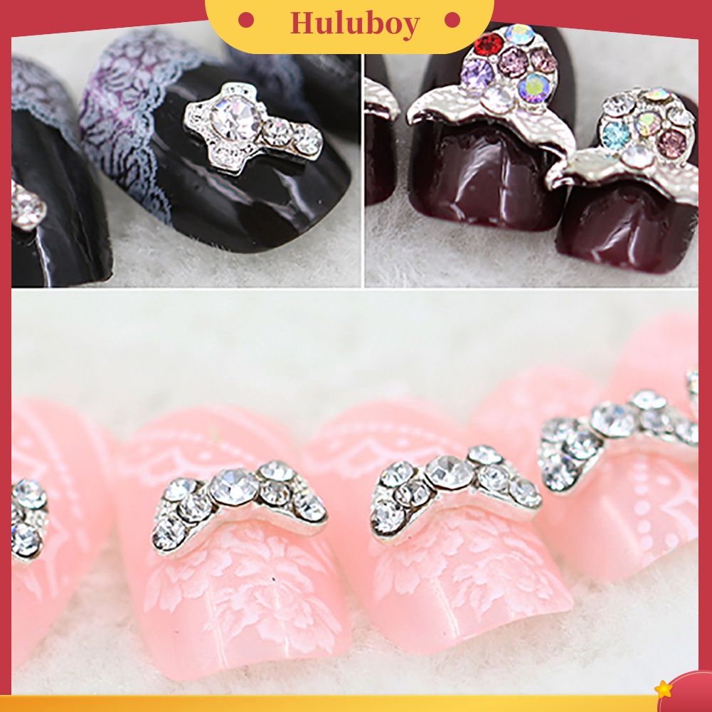 Huluboy Huluboy♡ 10pcs Stiker Kuku 3D Bahan Alloy Dengan Glitter + Berlian Imitasi