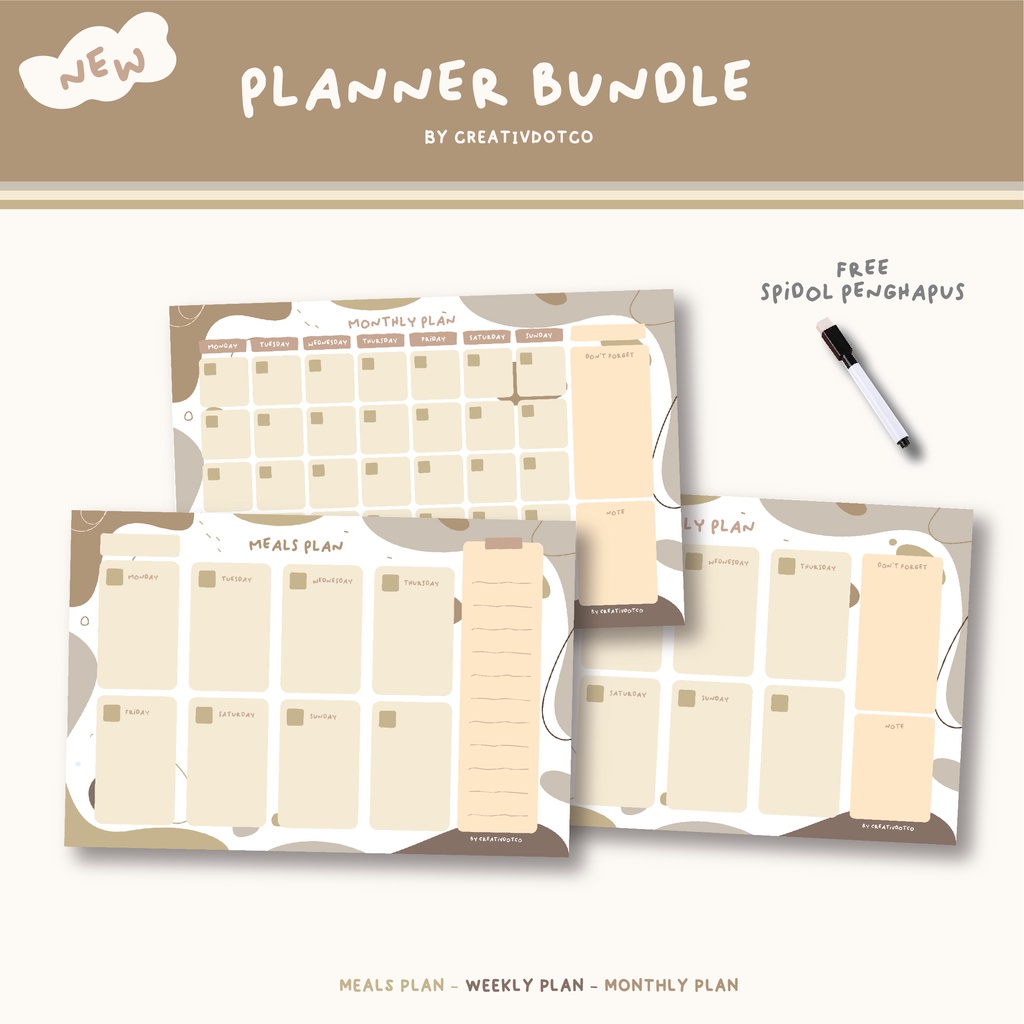 

WALL PLANNER BUNDLE ATAU SATUAN/WEEKLY/MEAL/MONTHLY - ERASABLE MARKER - BROWN