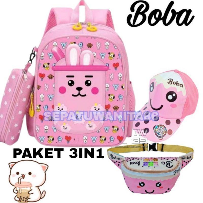 TAS BOBA Tas Ransel Sekolah Anak Perempuan TK SD Karakter Boba Bubble Drink Murah